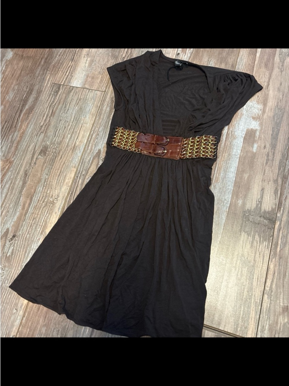 Sky Black Mini Dress with Brown Woven Accent Belt